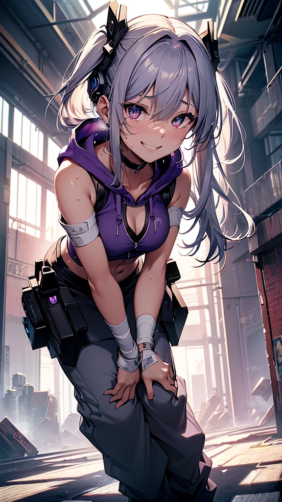 最high quality、best image quality、masterpiece、girl((20-year-old、 By becoming、vest bust、medium bust,wide open breast tea、Shining eyes, silver hair、long hair、thin,highest valley、twin tails、Bandage on right arm、Black and purple hoodie with a wide open chest、short belly sports trousers、cool pose、holding a black smartphone、sweating、smile、movement of leaning forward、provocative pose)),high quality、beautiful art、background((cyber sports gym))、flight、debris flies、Depth of written boundary、movie、visual art、perfect art、8K,genuine、