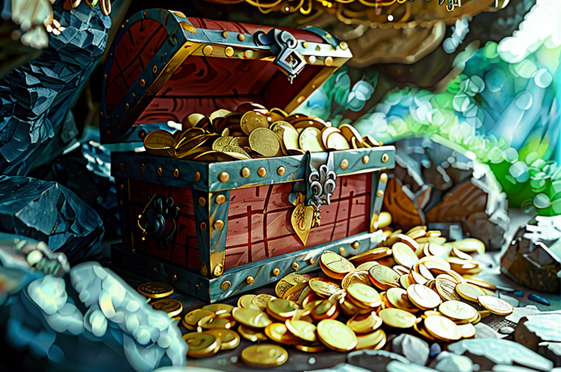 treasures, chests with gold coins and jewels, big, berry big, tribute, hiden tresure in cave