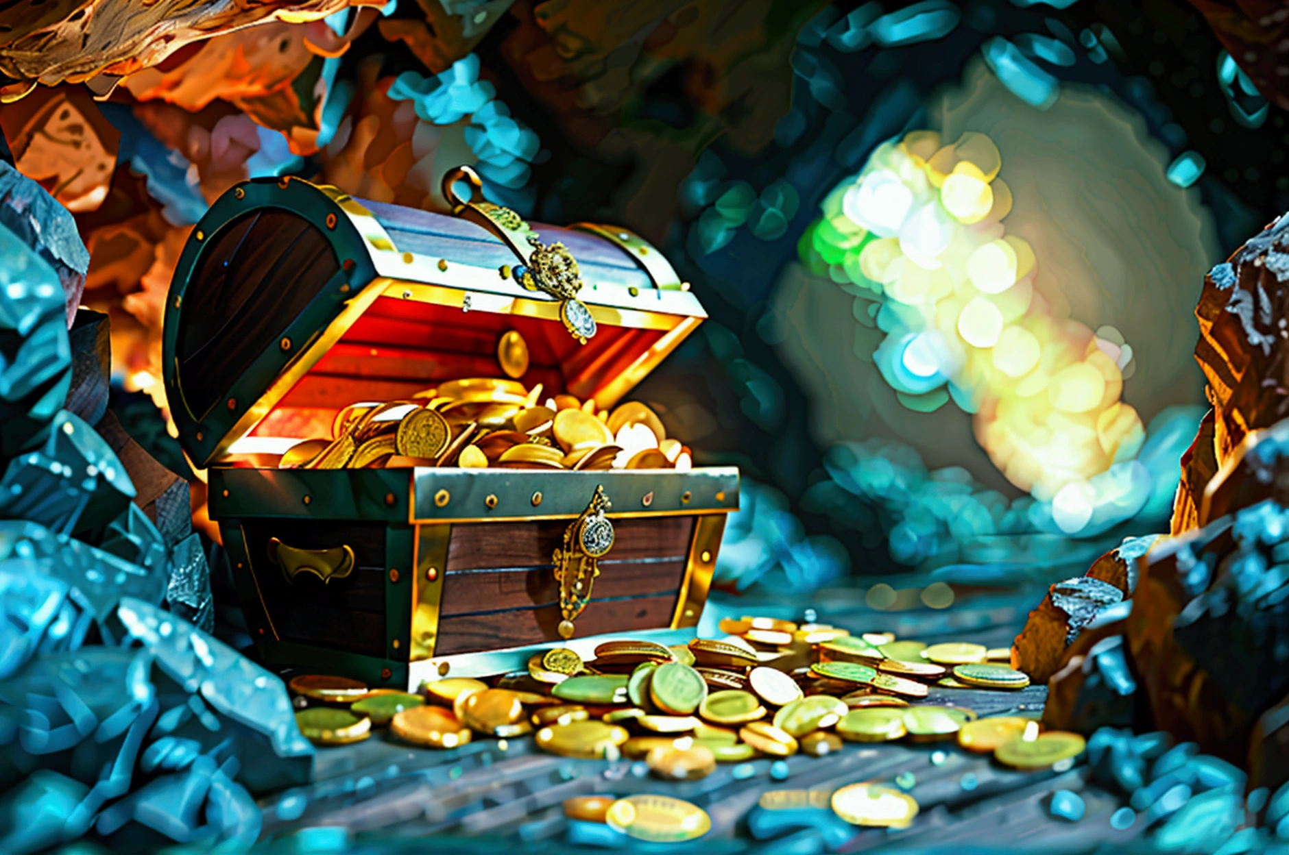 treasures, chests with gold coins and jewels, big, berry big, tribute, hiden tresure in cave