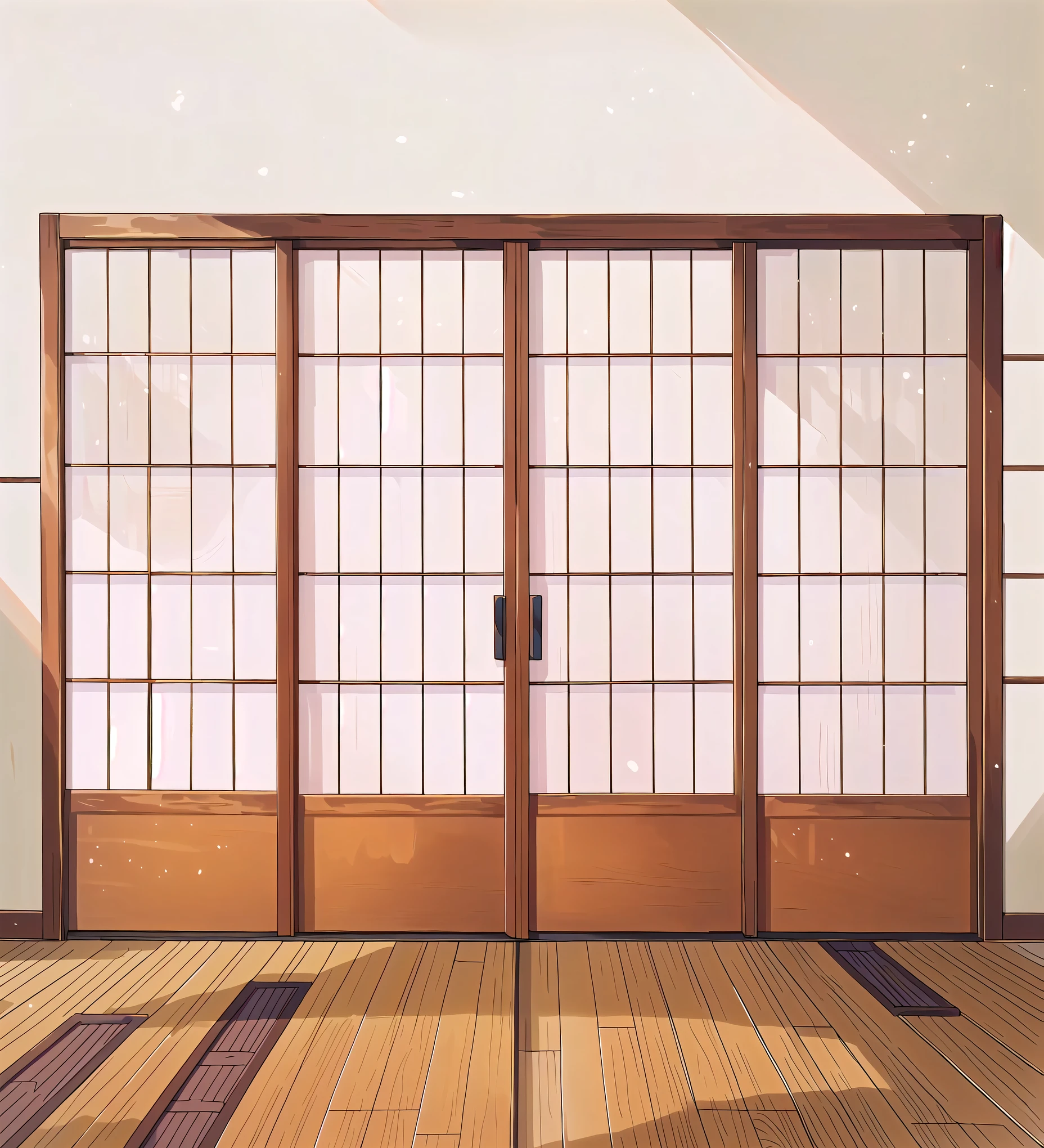 There is a room with sliding doors and wooden floors, Anime style, clear glass wall, Wooden wall, Japanese Collectibles, Traditional Japanese, with clear glass, Japanese style, edo style, Japanese design, Inspired by Ogata Korin, Doors and Windows, Large Windows, glass wall, Japanese Houses, In an apartment in Japan