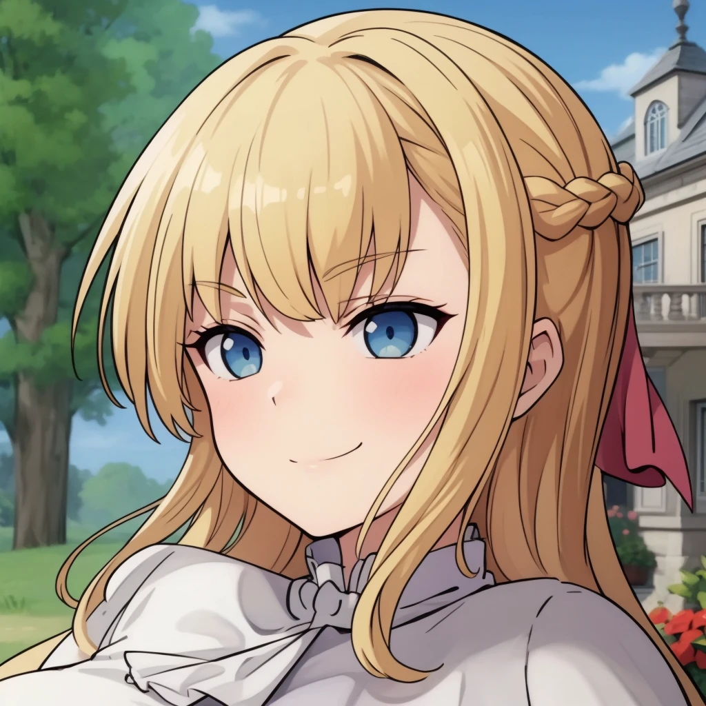 high quality, masterpiece. Blue eyes. blonde hair. braid. tricky glance. evil smile. haughty face. Hand on cheek. white elegant blouse. Against the background of a beige manor with a garden.