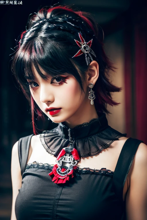 Highest quality、、masterpiece：1.3、Gothic Punk、The inner  is red、Gray Black Hair、hair ornaments、beautiful girl、creative、Punk Shirt、Neogoth、Goth Fashion：1.2、High resolution、masterpiece、Highest quality、頭w:1.3、((Hasselblad Photos))、Fine skin、Sharp focus、(Cinema Lighting)、Explore Tokyo&#39;s nightlife behind the neon lights, Forehead open, 、Petting&#39;Hair back、Shoulder Bare、Small red rose tattoo on the décolletage、Just one tattoo