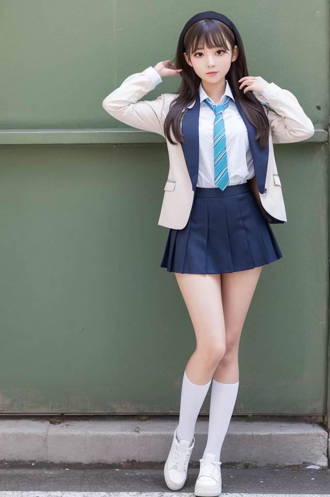 Full-body image of a super miniskirt high school girl's underwear