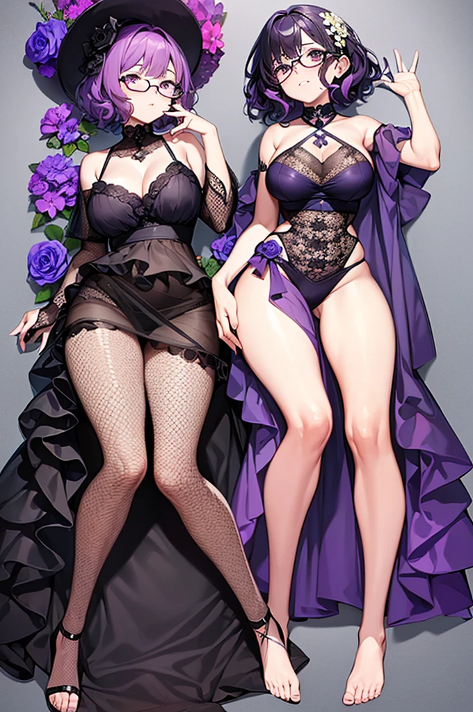 one girl, short very curly purple hair with dark purple strand, glasses, two-piece black color lace flower theme swim outfit, simple detaled, lovable, no background, dynamic pose,, full body ,detaled feet,short blouse with fishnet, flowers