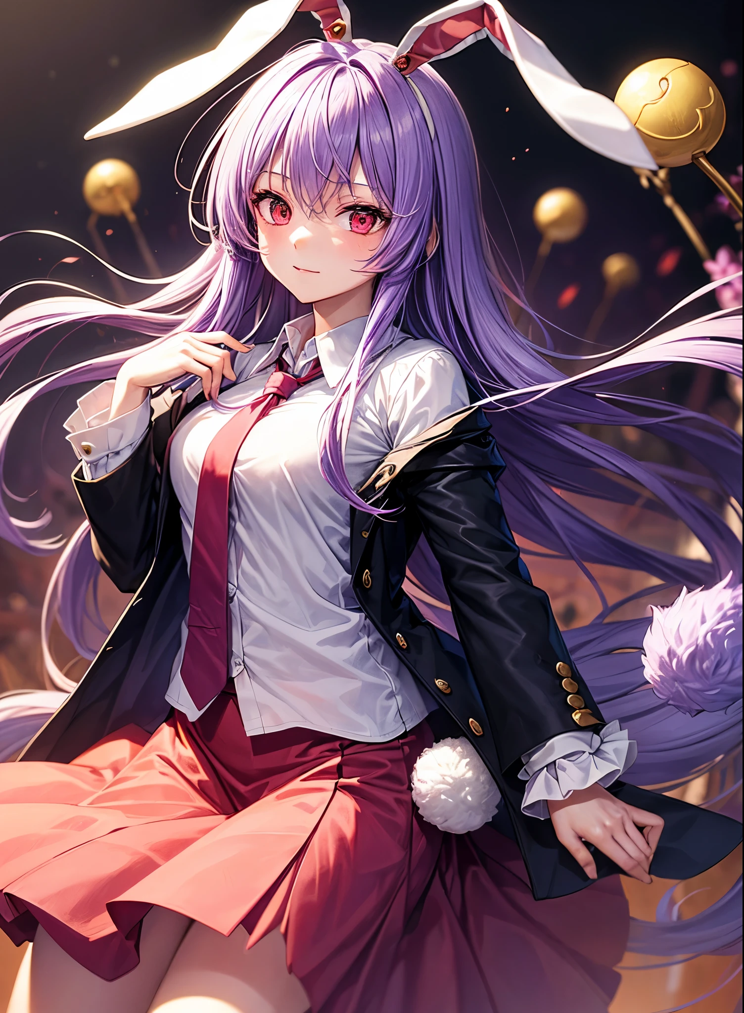 1girl, reisen udongein inaba (touhou), red eyes, rabbit girl, rabbit ears, rabbit tail, purple hair, light purple hair, very long hair, blazer, black jacket, white shirt, collared shirt, blouse, red necktie, buttons, long sleeves, pink skirt, crescent pin