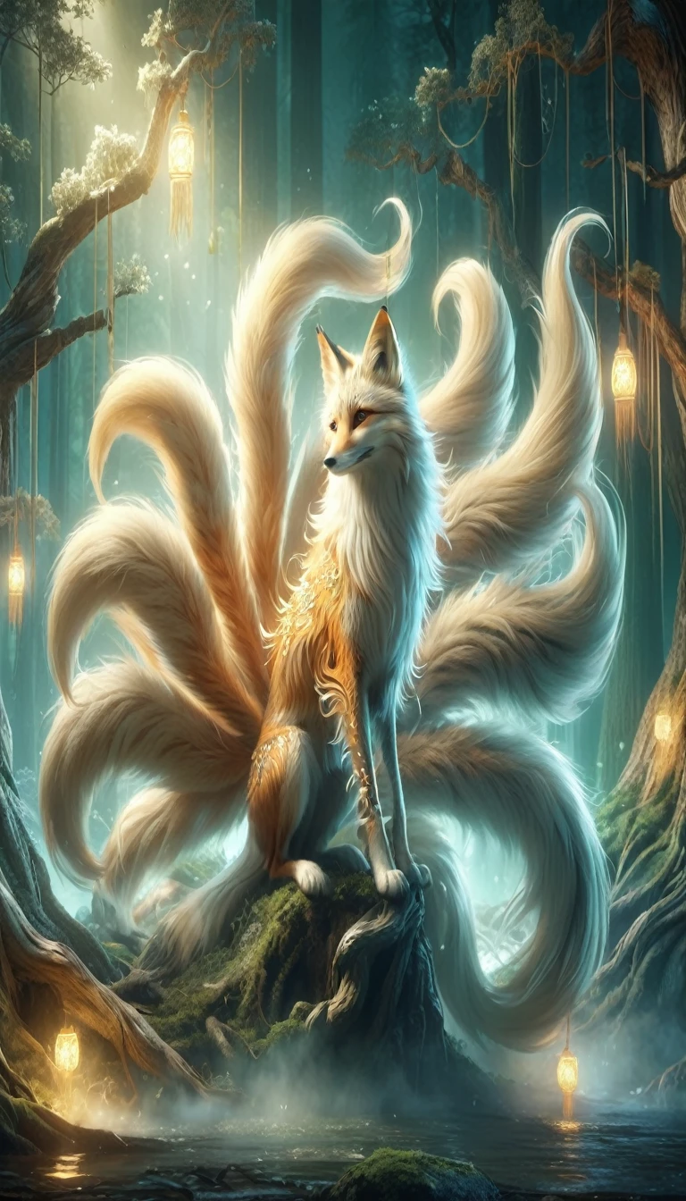 Panorama,Beast in the forest,Looks like a fox with nine tailysterious Creatures, Bird, (Highest quality,4K,8K,Superior,masterpiece:1.2),Super detailed,(real,Photo realistic,Photo realistic:1.37),Very detailed drawings of animals,Complex patterns,real照明,Fantasy creatures