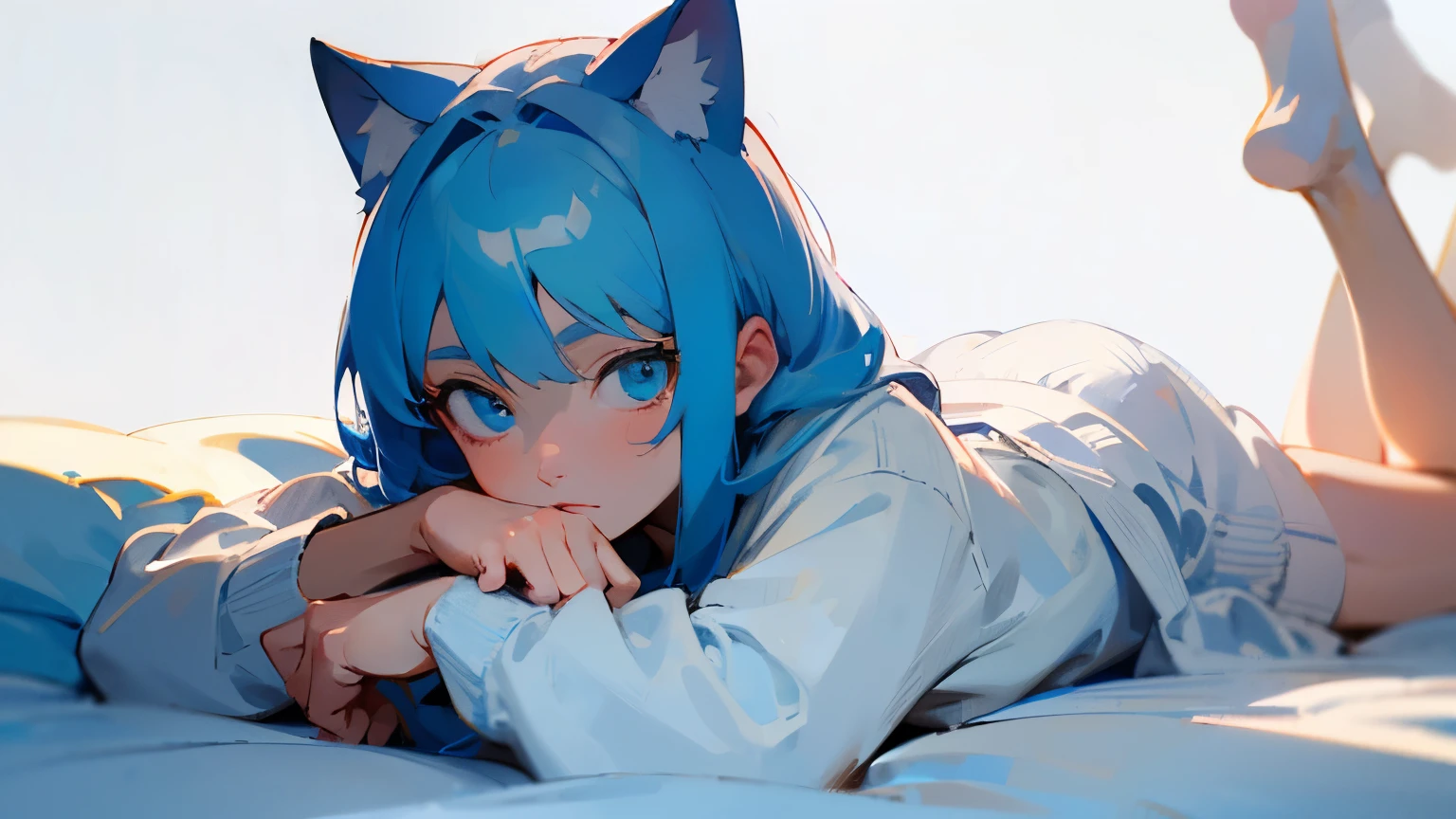 ((Best quality)), ((masterpiece)), (detailed), 1 anime from the edge, light blue hair, light blue eyes, lying in bed, white sweatshirt, lying on his stomach, looks at the camera, White background, perfect hands, cat&#39;s ears. stockings, long hair. perfect legs, 2 hands
