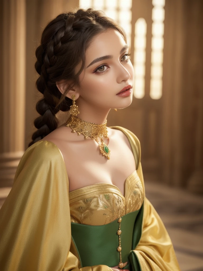 Here is a photorealistic prompt based on your input:

Hyper-realistic portrait of an extremely cute Latina model with brown skin and short braided hair. She wears a stunning white medieval gown with intricate green belt and flower details on the neck. Her eyes sparkle with honey-like warmth, gazing to the side with a flirty, alluring pose. Her skin has authentic texture, with no blemishes or imperfections. Her makeup is flawless, featuring bold eyeliner and painted lips. She wears a gold bracelet and green choker, adding to her regal, medieval-inspired look. The background is a solid yellow hue, with a subtle gradient effect giving the impression of a warm, sunny evening. The camera setup mimics a large aperture (f/1.4) for an extremely shallow depth of field, highlighting the model's features and creating a sense of intimacy. Her hair flows down her back like golden silk, framing her face and accentuating her high cheekbones. She has a small button nose and lips, adding to her innocent, youthful appearance. The overall effect is one of photorealism and masterful portraiture.