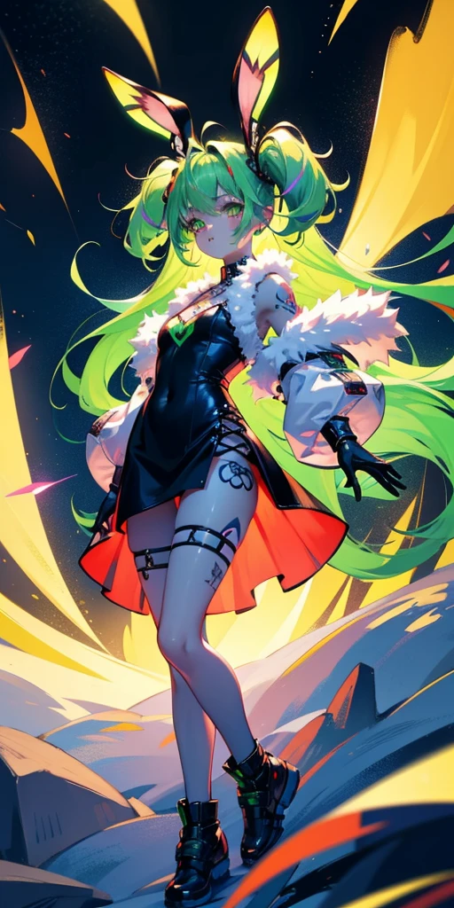 Rabbit technique , Science Fiction, Fluffy ,
1 girl, Tattoo, Glowing tattoo, Glowing eyes, Colorful glowing hair , Full body love, Green Hair,
Kawaiitech, Soft colors, Kawaii, Lovely colors,