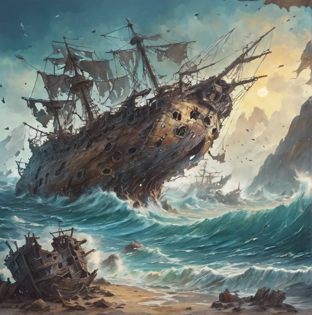 Wrecked pirate ship in ocean artwork
