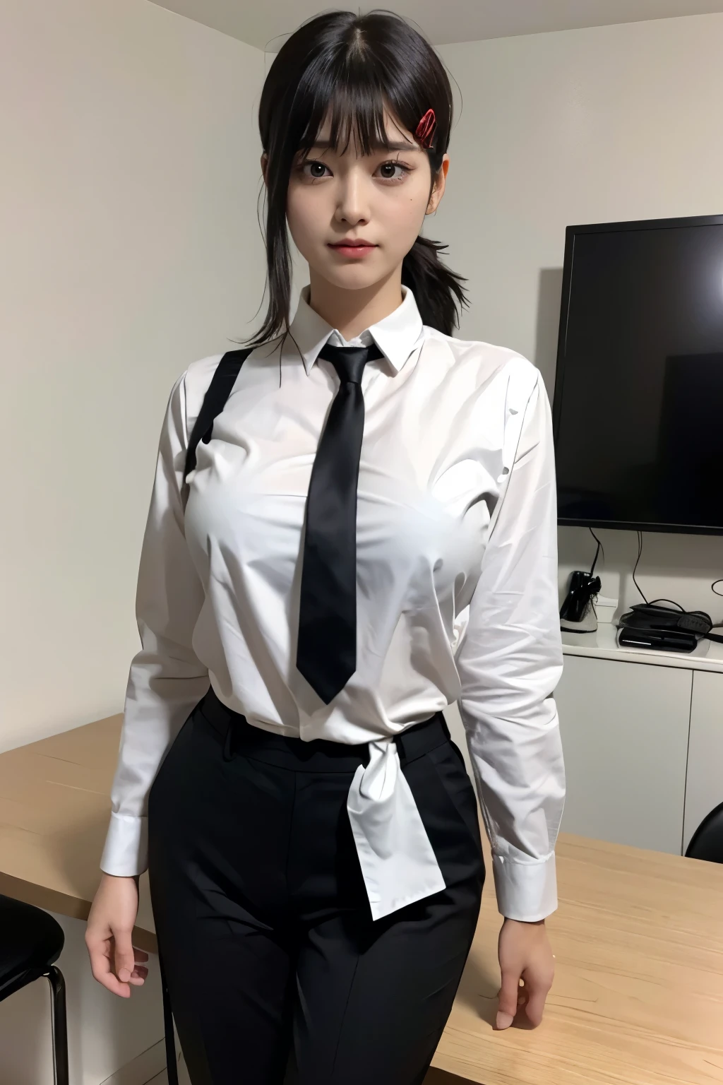 Highest quality、Ultra-high resolution、Professional Lighting、Detailed Background、workroom、whole body,Kobeni-chan、A sloppy smile、25-year-old woman、beautiful girl、(Kobeni-chan、Jet Black Hair, Black Hair, bangs, One-sided hair,)、(Red Hair Clip:1.1)、(White shirt:1.2)+(Black tie:1.2)+(Black work trousers:1.2)、(Breasts so big that they almost burst:1.2)、(Thick thighs:1.1)、Are standing、Model pose