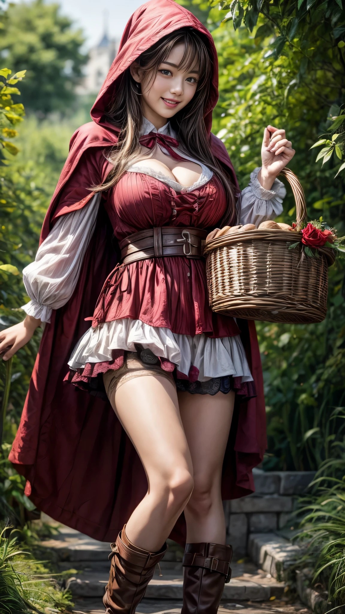 masterpiece, best quality, expressive eyes, perfect face, large breast, big breast, small waist, perfect figure, highly detailed, showing cleavage, full body portrait, dressed as little red riding hood, red hood, black corset dress, pleated red short skirt, black stockings, large nipples, wearing garters, fishnet stockings, white panty, white thong, holding a basket, black girl, dark skin girl, showing her breasts, large nipple, large areola, camel toe exposed, standing in the woods, next to a tree, short black hair