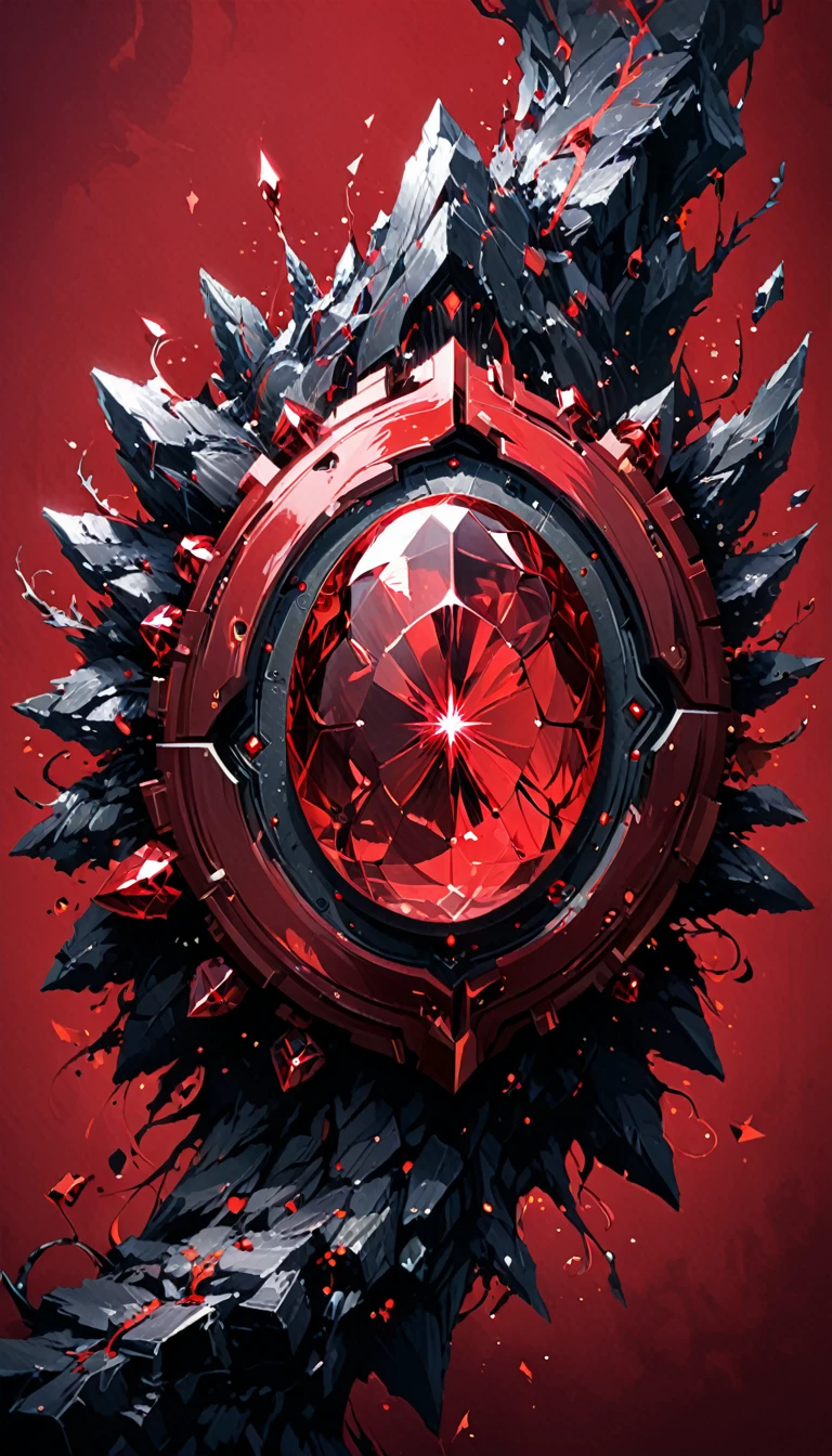 (artist by Abstract D'Oyley,Olly Moss:1.1),Mysterious Landscape,suspenseful, Fantasy,Dark,shadowy, atmospheric, dark colors (A miracle stone showing modern technological patterns:2.0), leaving the viewer suspended in a state of numb indifference."(A miracle stone showing modern technological patterns:2.0), leaving the viewer suspended in a state of numb indifference, (Dangerous beast:1.3), Miracle Stone, (future technology:2.2)(red, dark red color palette:1.8)