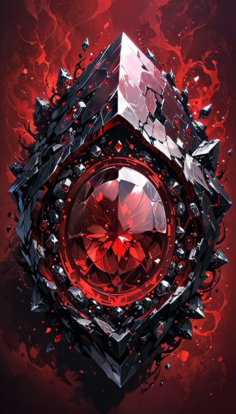 (artist by Abstract D'Oyley,Olly Moss:1.1),Mysterious Landscape,suspenseful, Fantasy,Dark,shadowy, atmospheric, dark colors (A miracle stone showing modern technological patterns:2.0), leaving the viewer suspended in a state of numb indifference."(A miracle stone showing modern technological patterns:2.0), leaving the viewer suspended in a state of numb indifference, (Dangerous beast:1.3), Miracle Stone, （future technology：2.2）（red, dark red color palette:1.8）