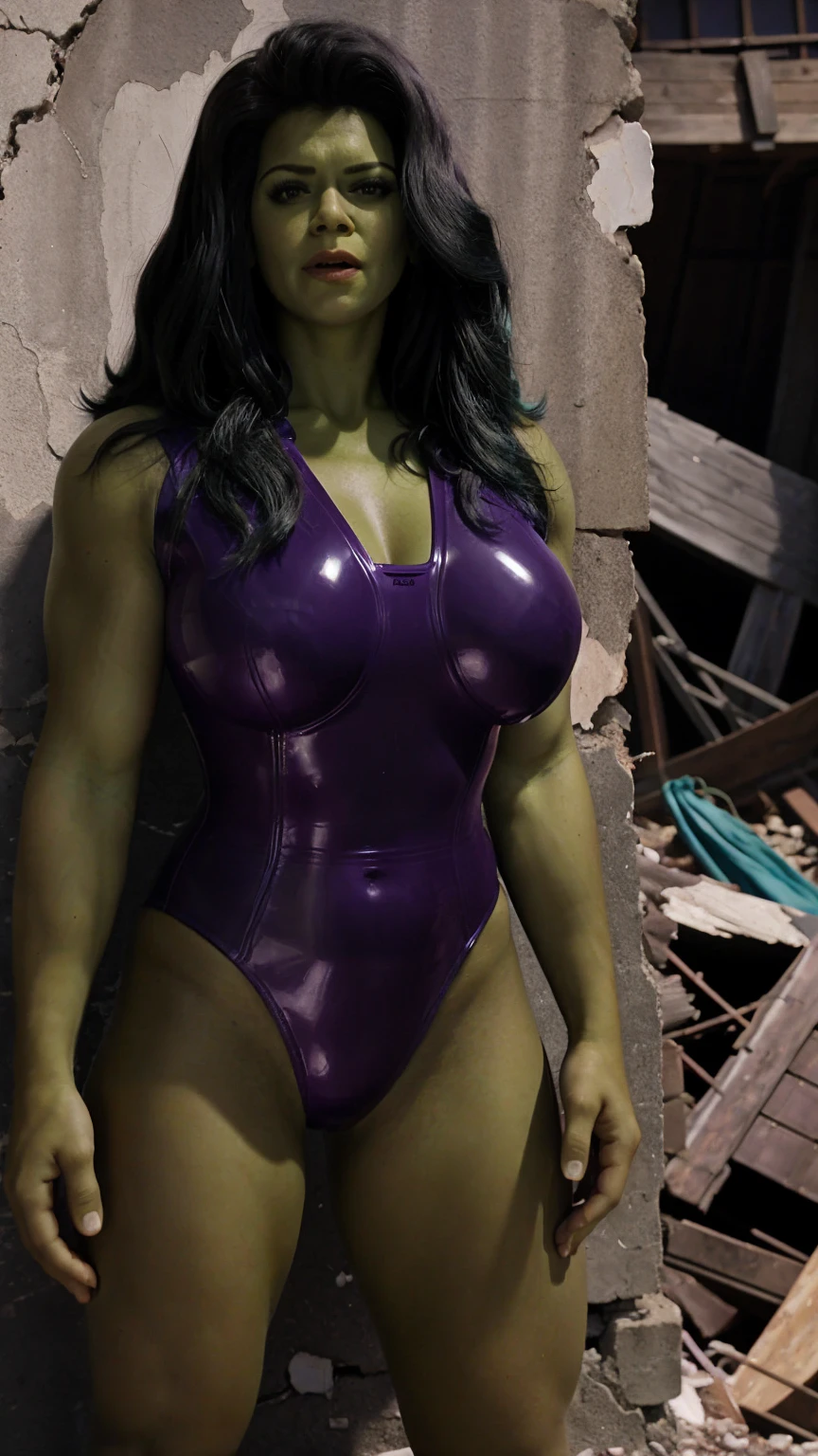 She Hulk Big tits, in purple lace underwear, stockings on the legs. big butt, and all against the backdrop of a destroyed wall. High quality - high detail. cinematic. Ultra HD quality. Big tits