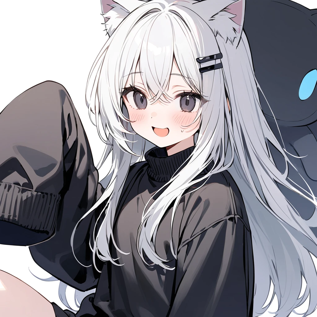 long hair, White hair, black inner hair, open mouth, smile, flustered, Illustration where the pupil does not overlap the lower lash line, The lower half of the eye is white, vacant eyes, black eyes, oversized clothes, sleeves past wrists, , black cardigan, black ribbon, piercing, stuffed animal, White background, 1girl, cat ear,solo, hairpin,Take a picture herself