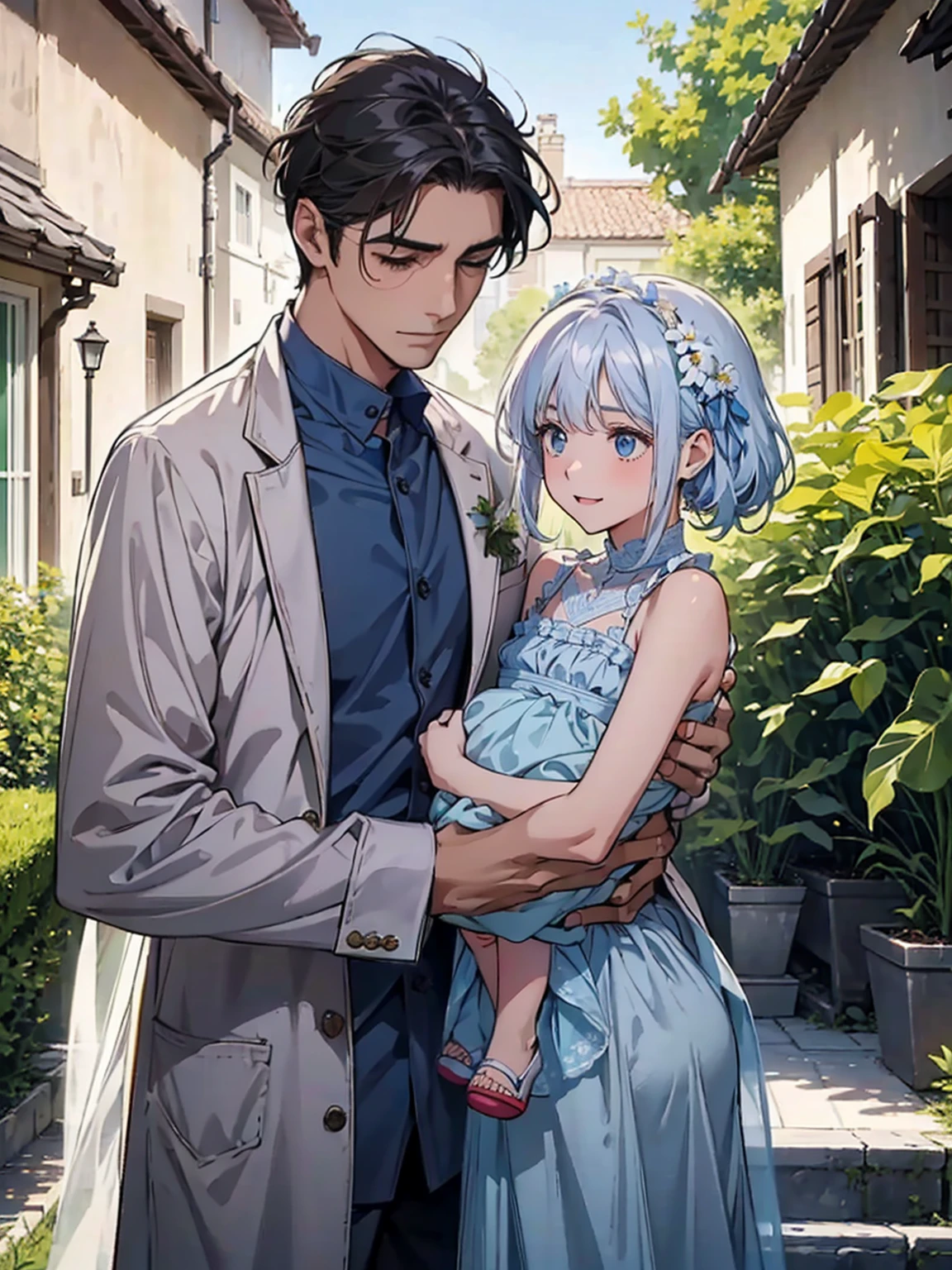 "Under the clear blue summer sky, in the garden of a modern house in Pula, Croatia, a young father is warmly and tightly holding up his young twin children, a boy and a girl. The father, once Constantine I, displays an expression of love and forgiveness, showing no signs of fatigue from work. The twins, once Crispus and Fausta, have innocent and radiant smiles, enveloped in a sense of security in their father's arms. In the background, the sparkling sea and the stylish modern house bathed in summer sunlight extend. Light and shadow intertwine perfectly, with the whole scene exuding a glow symbolizing purification and relationship restoration."。Also friendly and pleasant relationship、divine atmosphere、A paradise of greenery and flowers、heaven、Blessings and Blessings、Beautiful fece、brilliance、ultra-quality、Ultra-high resolution、ultra-definition、Super beautiful、masterpiece、