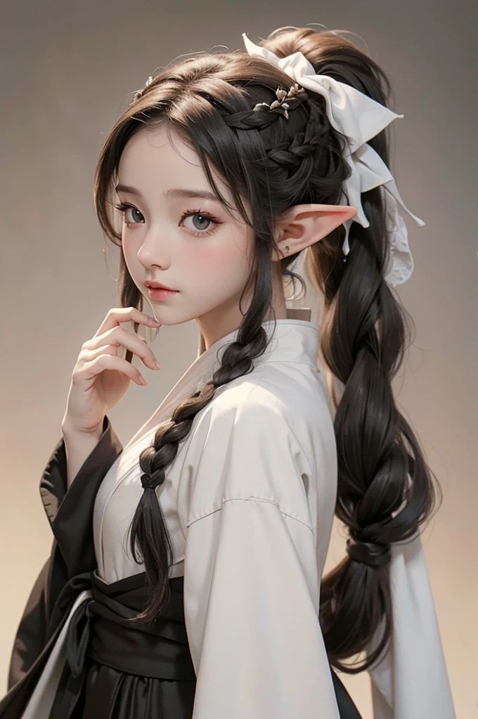 elf, young cute boy, long hair, braids, young, cute, ,medieval clothes, black and white clothes, jester, tanned skin, robe, portrait, ponytail
