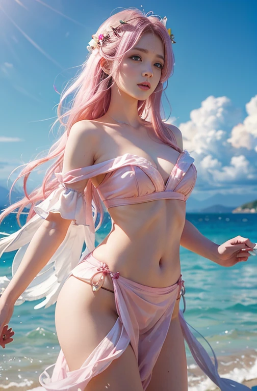 Ancient Greek clothing、Shoulder out、thin, Light pink hair, Pink Eyes, Pink and white,  Vibrant colors, Paint splashes, Wavy long hair,Angel, Many feathers fluttering、2. Large wing of latissimus dorsi、Above the Clouds ,Highest quality, masterpiece, Ultra-high resolution, (Realistic:1.4), RAW Photos, One Girl, Off the shoulder, Modest chest,