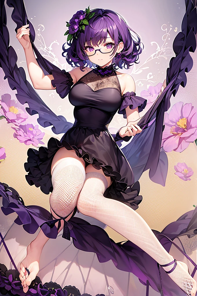 one girl, short very curly purple hair with dark purple strand, glasses, two-piece black color lace flower theme swim outfit, simple detaled, lovable, no background, dynamic pose,, full body ,detaled feet,short blouse with fishnet, flowers