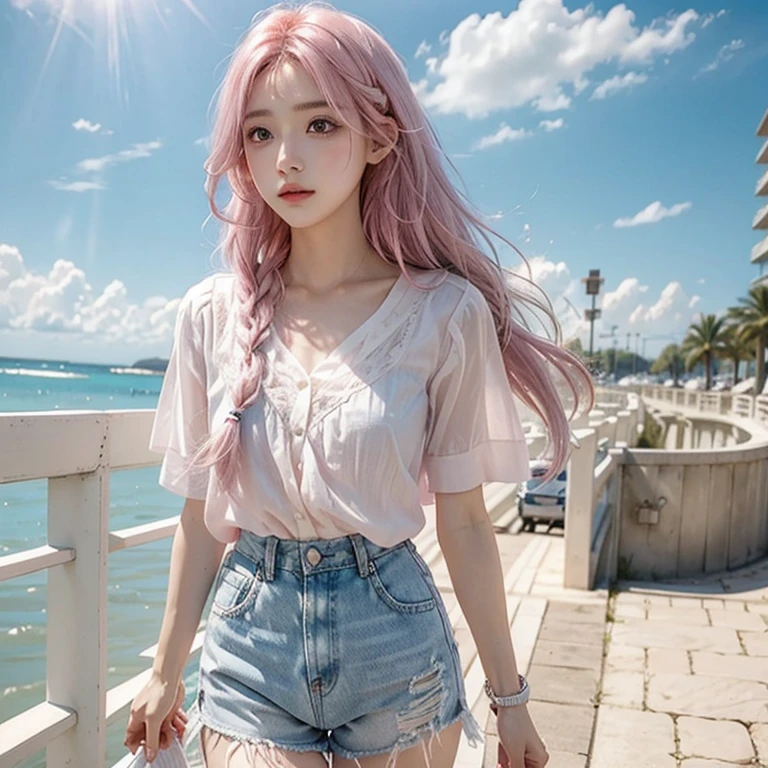 (8K, top-quality, masterpiece:1.2), (reallistic, Photorealsitic:1.37), Super Detail, One girl,), (Highly detailed), (beautifully detailed eyes), (of the highest quality), (super detailed ), (masterpiece), (Detailed face),20yr old, ,1 girl, ((pink hair,long hair)), medium breasts, clothed, Perfect Lighting, BREAK, (light blue gingham shirt:1.3), (white linen socks:0.8), (beige loafers:0.9), (casual summer style:1.5), (short sleeve shirt:1.2), (denim shorts:1.4), (indigo jeans:1.3), (rolled up cuffs and hems:1.1), (relaxed fit:1), (gold and silver accessories:0.8), BRAKE, (upperbody to thighs:1.1), (long pink hair:1.2), (soft smile:1), (face turned slightly right:1), (right hand touching hair:1), (left arm relaxed:1), (beach:1.3), (blue sea:1.2), (highlight and shadow:1), (open composition:1), (Midnight:1.4), (Starry sky:1.4), (Crescent moon:1.2), (Thin clouds:1.2)