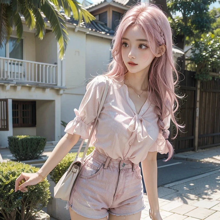 Light pink hair, Pink Eyes, White blouse and shorts, blue sky, Vibrant colors, blouse white、splash, Light Racing, Wavy long hair、splash、Light of the sun、Braiding