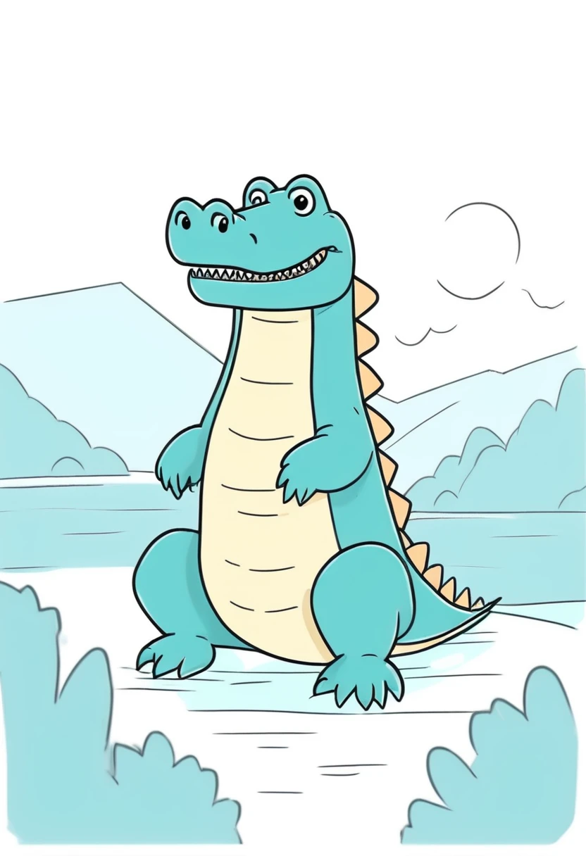 Low quality, line art, One crocodile, cute, (fluffy), stuffed, blue, smiling, Landscape, White background,