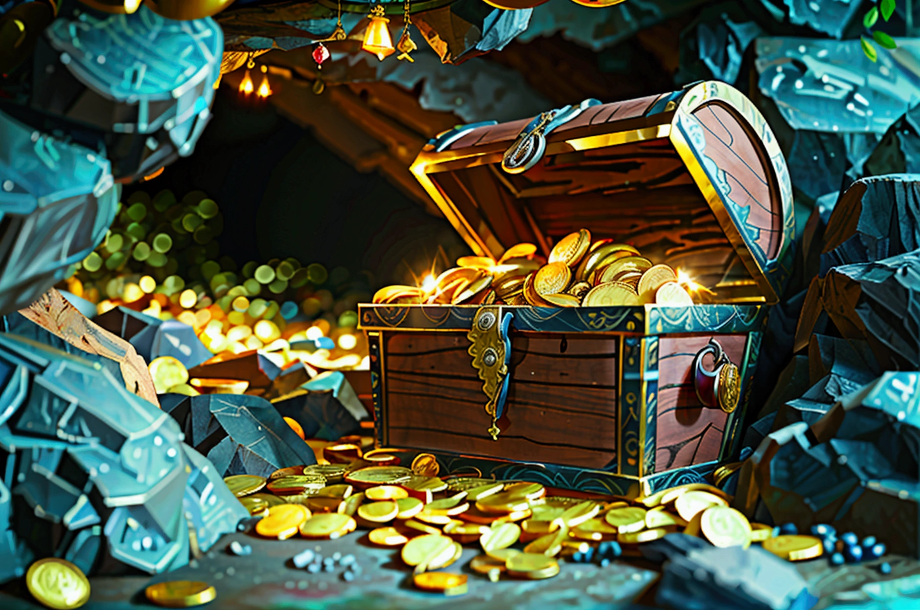 treasures, chests with gold coins and jewels, big, berry big, tribute, hiden tresure in cave