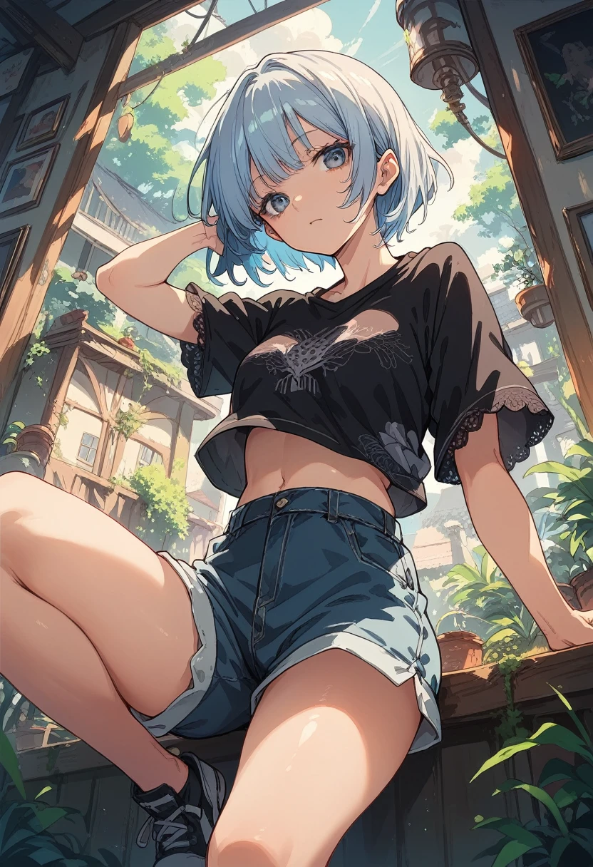 1 girl(short cut)Subculture lace top,Shorts