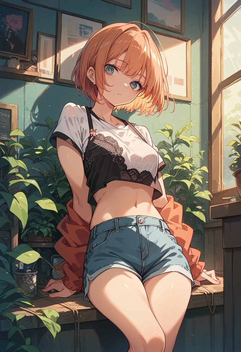 1 girl(short cut)Subculture lace top,Shorts