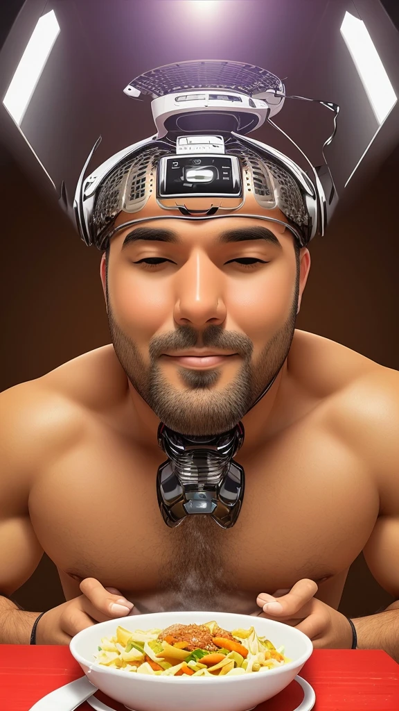Create a AI image of a man who is full after eating food look very satisfy
