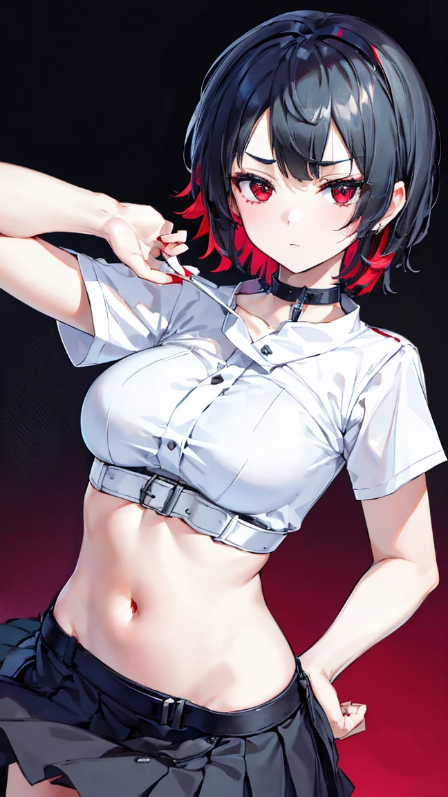 High resolution,high resolution,Girl,Black Hair,Short Hair,Red Eyes,Slanted Eyes,Bad mood,boyish,slender,Toned body,Pleated skirt,Dress shirt,Bedroom,choker,Navel sticking out,