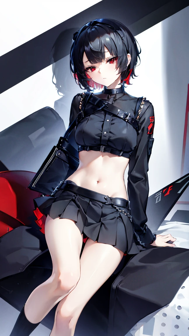 High resolution,high resolution,Girl,Black Hair,Short Hair,Red Eyes,Slanted Eyes,Bad mood,boyish,slender,Toned body,Pleated skirt,Dress shirt,Bedroom,choker,Navel sticking out,