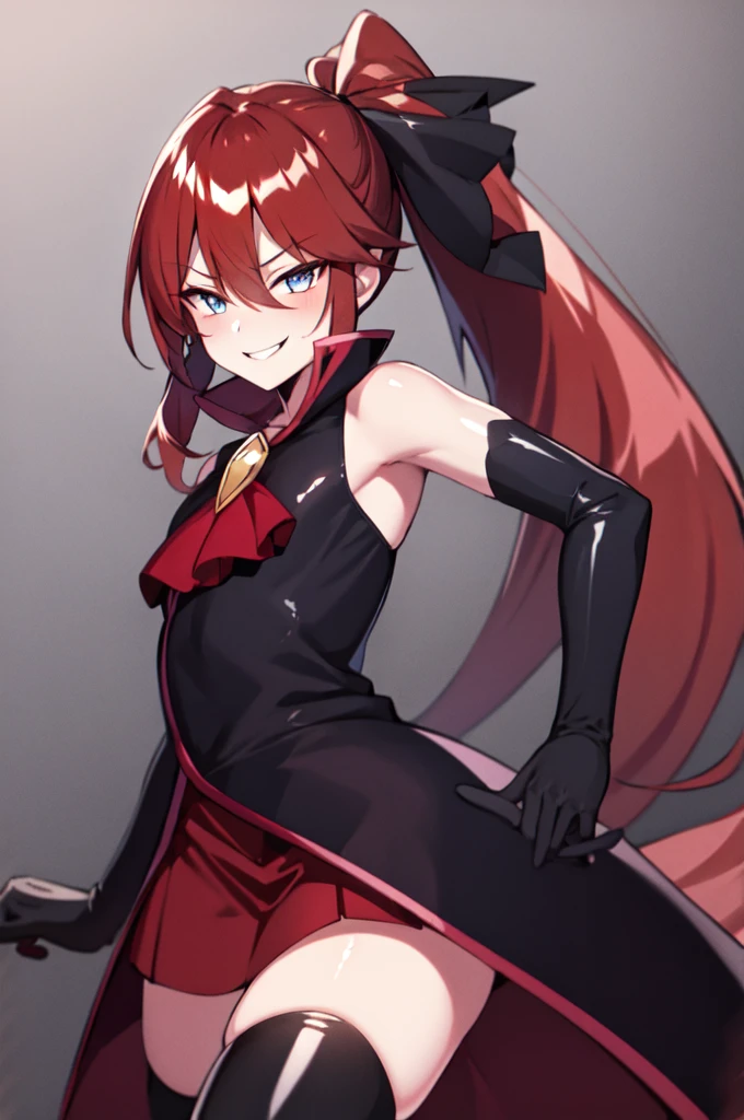 Highest quality, masterpiece, One Girl,Not beautiful, Red Ponytail, Long dress, brooch, Hair Ribbon, Black knee socks,Standing on Hell, (Wicked Smile:1.1), ,,Dark shadowed face,Sadistic smile,Malice,Contempt,smile,latex,Bad face,,Red Skirt,two hands,two legs,five fingers,evil background,elbow gloves,latex, Wicked Smile, devilish aura (Shiny fabric:1.5),Dark world background,独奏,