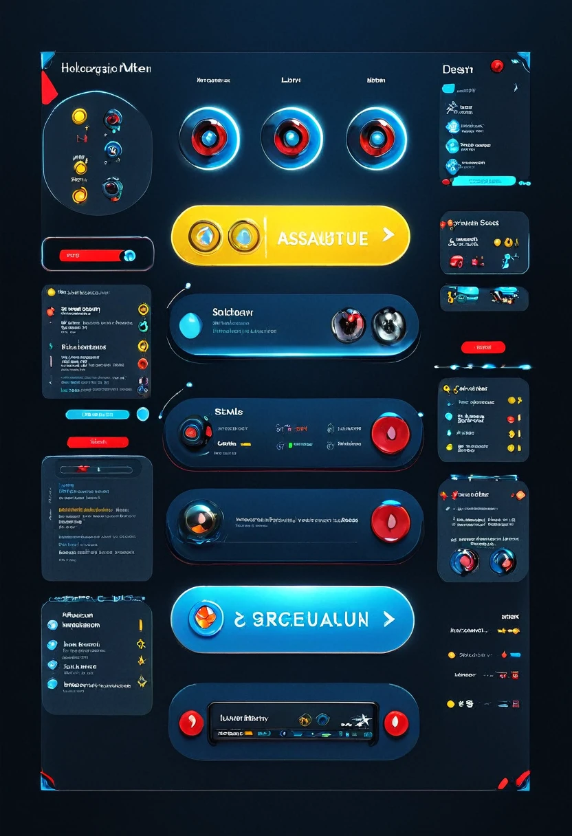 5 button holographic media menu, futuristic UI, primary colors, Jesse James Garrett inspired learning dashboard, rounded corners, 3D depth, clean layout, bottom buttons, holographic icons, ergonomic curved interface, red blue yellow color scheme, immersive design, user-friendly, approachable learning environment, simple yet engaging, floating elements, sci-fi aesthetic, information architecture, interactive UI 