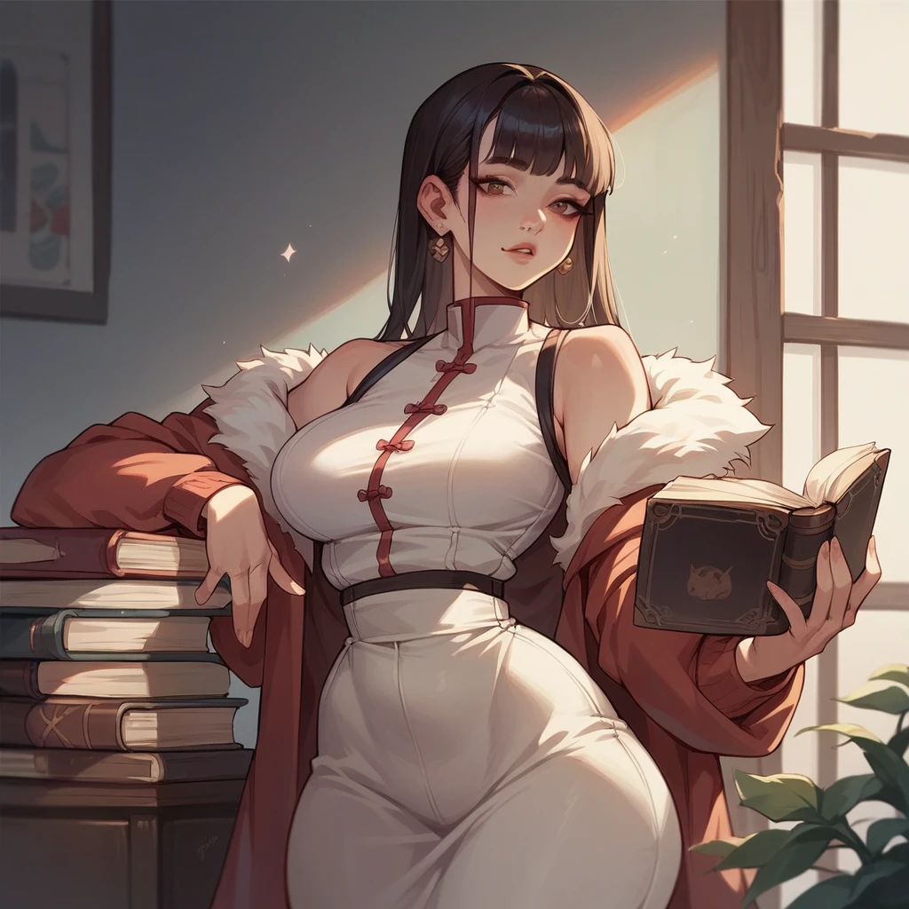 An Asian woman with a narrow waist and wide hips holds a book pressed to her chest