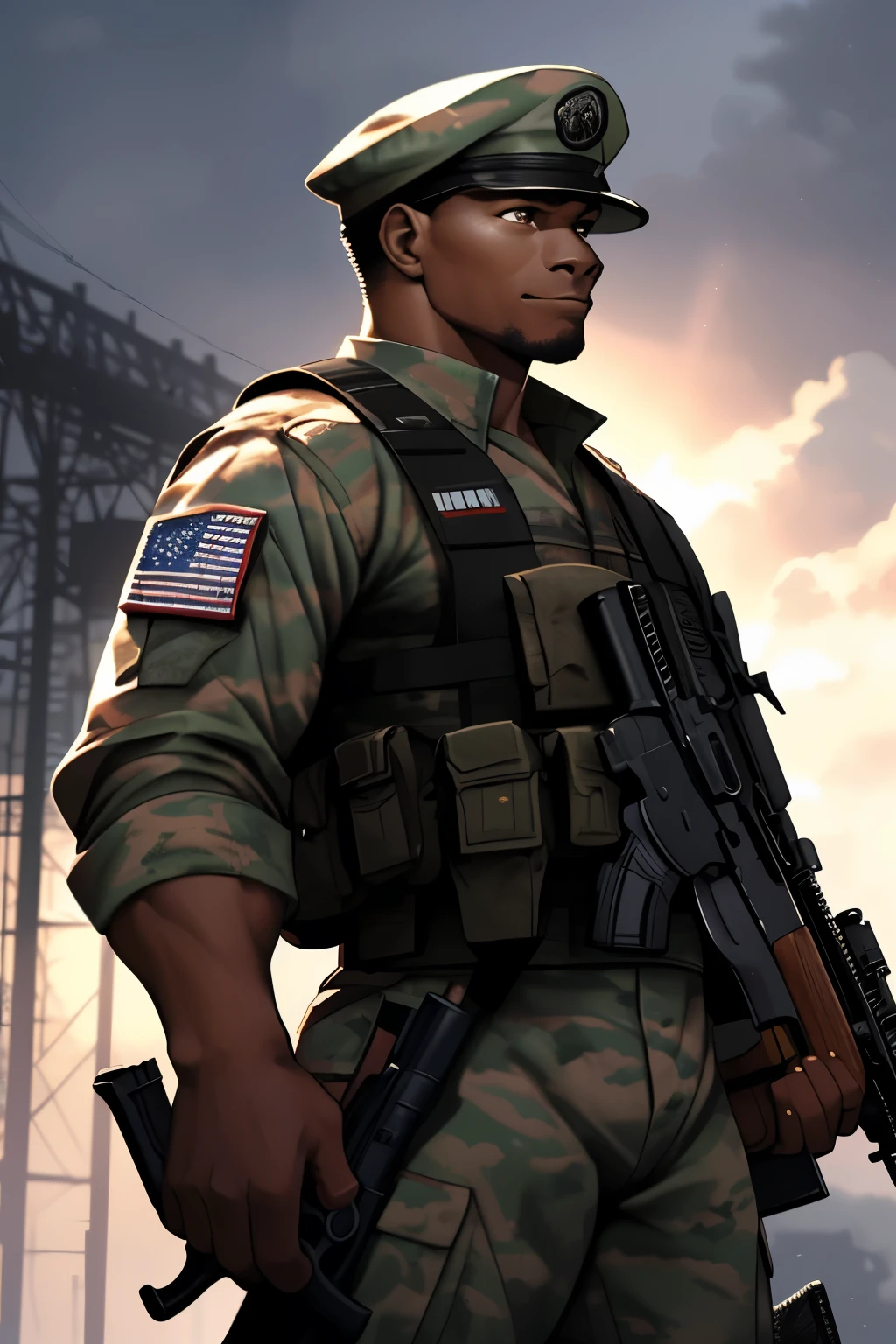 Full body, muscular, posing in a casual stance, African American soldier, with a confident smile, detailed uniform, armed with a rifle, realistic setting, high-quality render, masterpiece, trending on ArtStation, dramatic lighting, high detail, realism, patriotic background, strong jawline, expressive eyes, detailed facial features, bright atmosphere, by ArtistName.