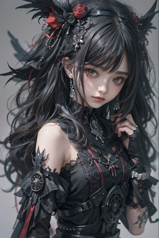 Highest quality、8K、masterpiece:1.3、Gothic Punk、The inner is red、Gray Black Hair、hair ornaments、beautiful girl、creative、Dark Fantasy Style、Neogoth、Goth Fashion:1.2、High resolution、masterpiece、Highest quality、頭w:1.3、((Hasselblad Photos))、Fine skin、Sharp focus、(Cinema Lighting)、Realistic textured hair, Black crow on the shoulder