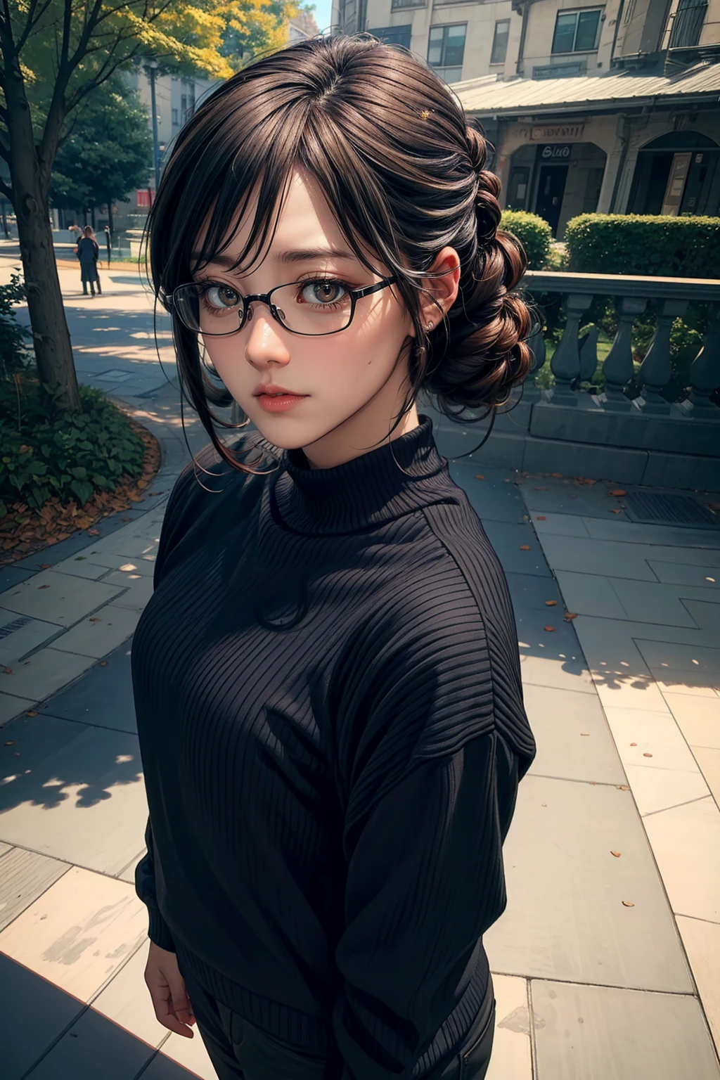 1girl, black updo hairstyle, glasses, wearing cream sweater, mini pants, black shoes, standing at the park, fullbody shot, smile, (best quality,4k,8k,highres,masterpiece:1.2),ultra-detailed,(realistic,photorealistic,photo-realistic:1.37),beautiful detailed eyes,beautiful detailed lips,extremely detailed eyes and face,longeyelashes,art,photography,natural lighting,warm colors,vibrant,cinematic