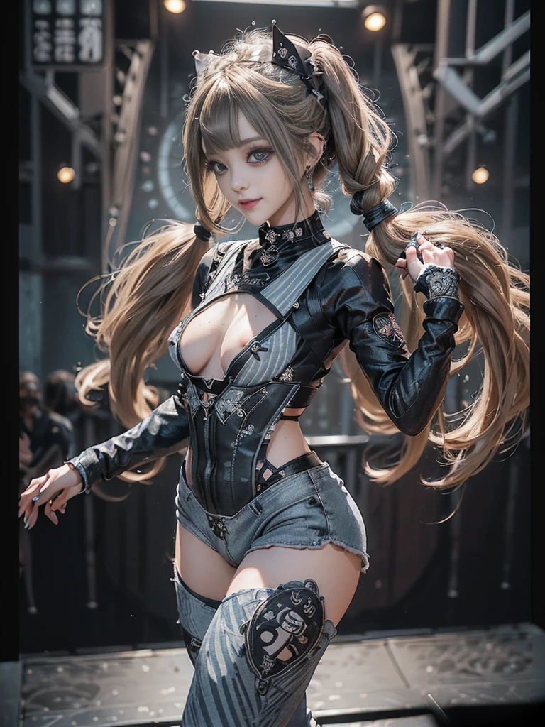 (Full Body View:1.4)、(Side view:1.2)、(Smiling with teeth showing:1.3),(Shibuya Gal:1.5)、(Gothic ta style fashion:1.5)、(Punk RockVisual Kei:1.5)、(Wearing a rhythmic gymnastics bodysuit with intricate details:1.4)、(Racing suit and pants with intricate decorations in white, denim and charcoal:1.5)、(Denim and light blue and white boots:1.3)、((belt))、(Numerous delicate logo marks all over the costume:1.4)、(collar:1.3)、(Striped underwear:1.5)、20-year-old、NSFW、((Highest quality、In 8K、masterpiece:1.3))、Sharp focus:1.2、(Layered Cut、Huge boobs:1.1),Beautiful woman with perfect figure:1.4、(Dancing vigorously:1.3)、Slender Abs:1.2、Highly detailed face and skin texture、Detailed eyes、double eyelid,(Twin tails:1.3)、(Brown-golden hair:1.3)、Gravure idol、(The background is the stage of the fashion show:1.3)、(Slim body:1.3),(Make your legs thinner:1.4),(clavicle:1.1)、(Thin and slim thighs:1.3)