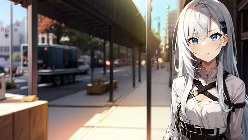 A cute anime girl with beautiful detailed grey hair and blue eyes, wearing a cool modern outfit, long hair, straigh hair, highly detailed, realistic, photorealistic, 8k, HDR, dynamic lighting, cinematic, concept art style