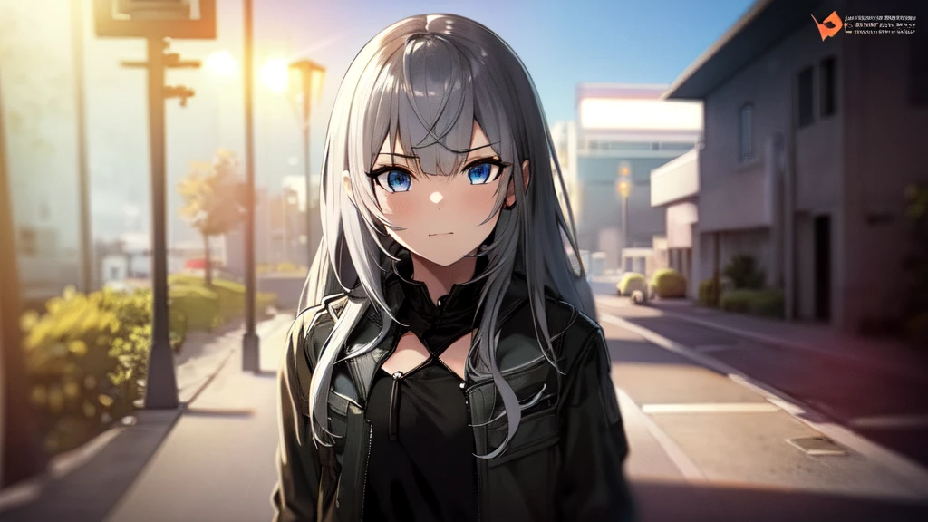 A cute anime girl with beautiful detailed grey hair and blue eyes, wearing a cool modern outfit, long hair, straigh hair, highly detailed, realistic, photorealistic, 8k, HDR, dynamic lighting, cinematic, concept art style