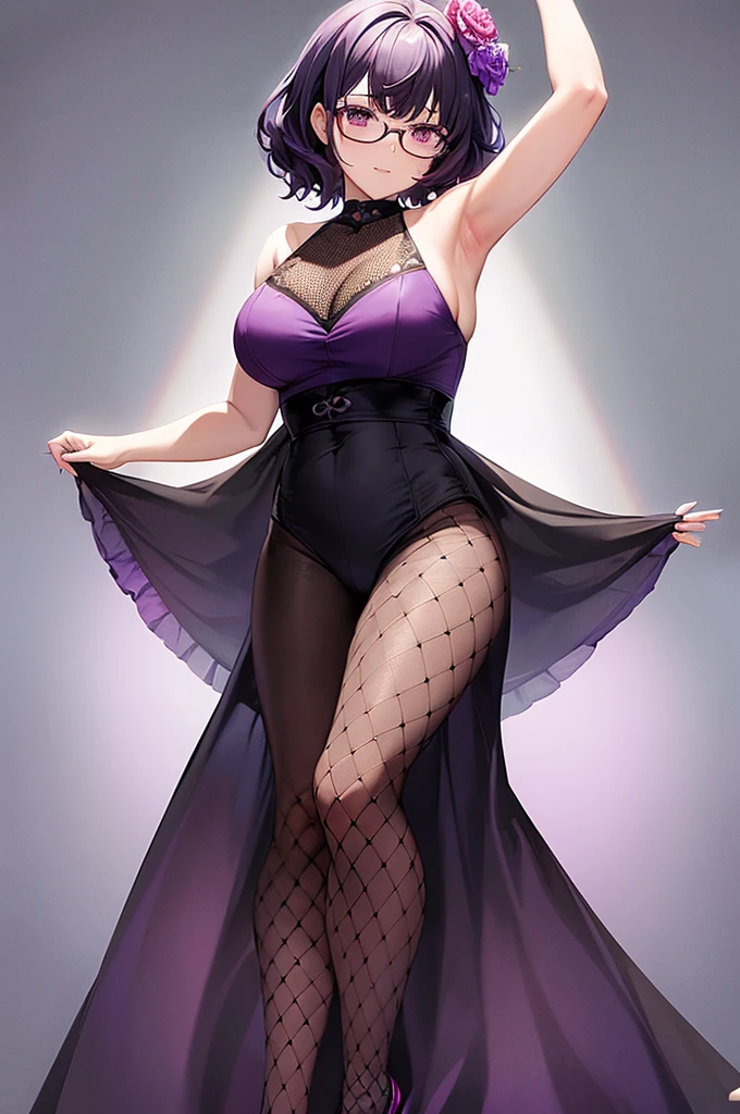 one girl, short very curly purple hair with dark purple strand, glasses, two-piece black color lace flower theme swim outfit, simple detaled, lovable, no background, dynamic pose,, full body ,detaled feet,short blouse with fishnet, flowers