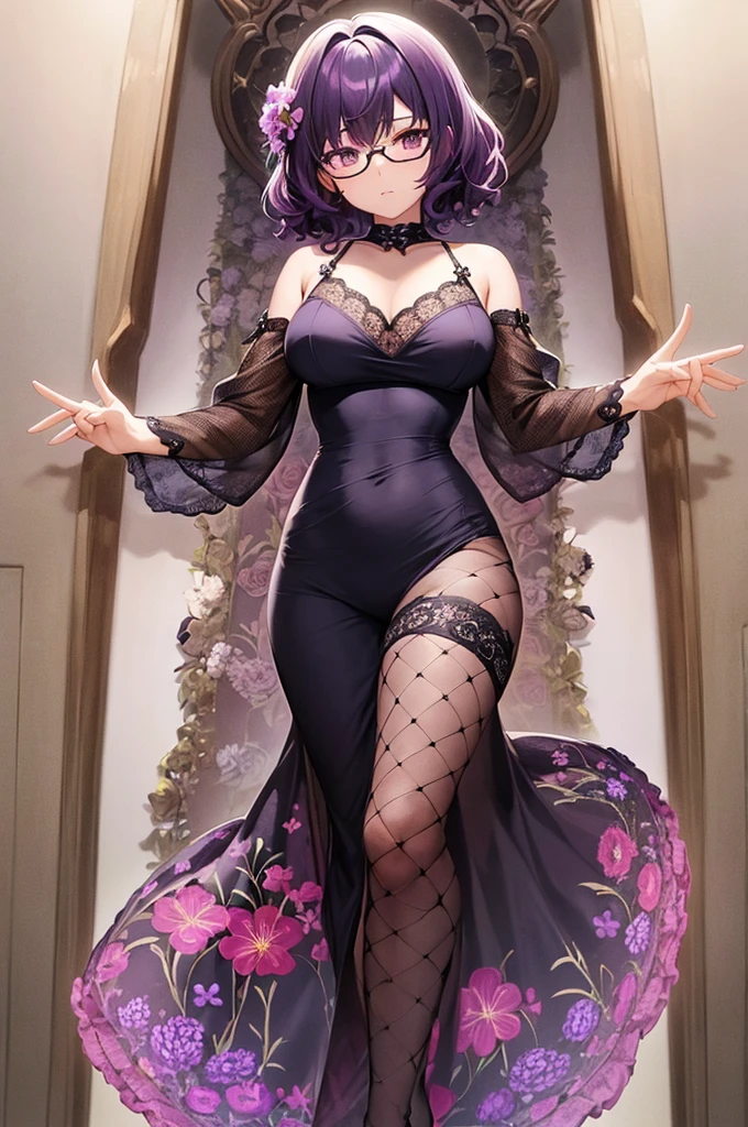 one girl, short very curly purple hair with dark purple strand, glasses, two-piece black color lace flower theme swim outfit, simple detaled, lovable, no background, dynamic pose,, full body ,detaled feet,short blouse with fishnet, flowers