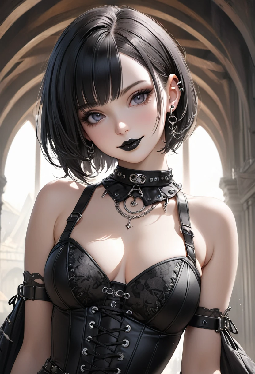 (masterpiece:1.2, highest quality), (realistic, photorealistic:1.4), beautiful illustrations, (natural side lighting, movie lighting),
looking at the viewer, Upper body, (Front view), 1 girl, perfect face, Cute symmetrical face, shiny skin, baby face, long eyelash, (large breasts), (wide hips:1.5),short cut hair,
beautiful hair, beautiful face, detailed and beautiful eyes, beautiful body, beautiful breasts, beautiful thighs, beautiful feet, beautiful fingers,
(beautiful scenery),(cute smile:1.3, upper eye), 18yo,pale skin,a woman in black corset and goth hair, with piercings, 1girl, solo, black hair, short hair, ring,(pierce:1.5),(punk style:1.5),(gothic dress),(black lips:1.7),side layered skirt,black bra,(gulp down blood from one's mouth:1.2)