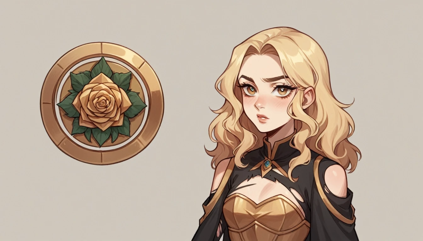 A 15-year-old female human with an ectomorph build, light-medium skin, and long, rose gold hair styled simply. Her triangular face is delicate and pretty, with almond-shaped eyes that are full of dreams. Thin lips and a small, straight nose give her a sweet and gentle appearance. Her medium, high-arched eyebrows add a touch of sophistication to her youthful beauty. Clothing of a medieval fantasy adventurer warrior traveler, ((torn clothes:1.2)), (((nsfw, vulgarity))), small and flat chest
