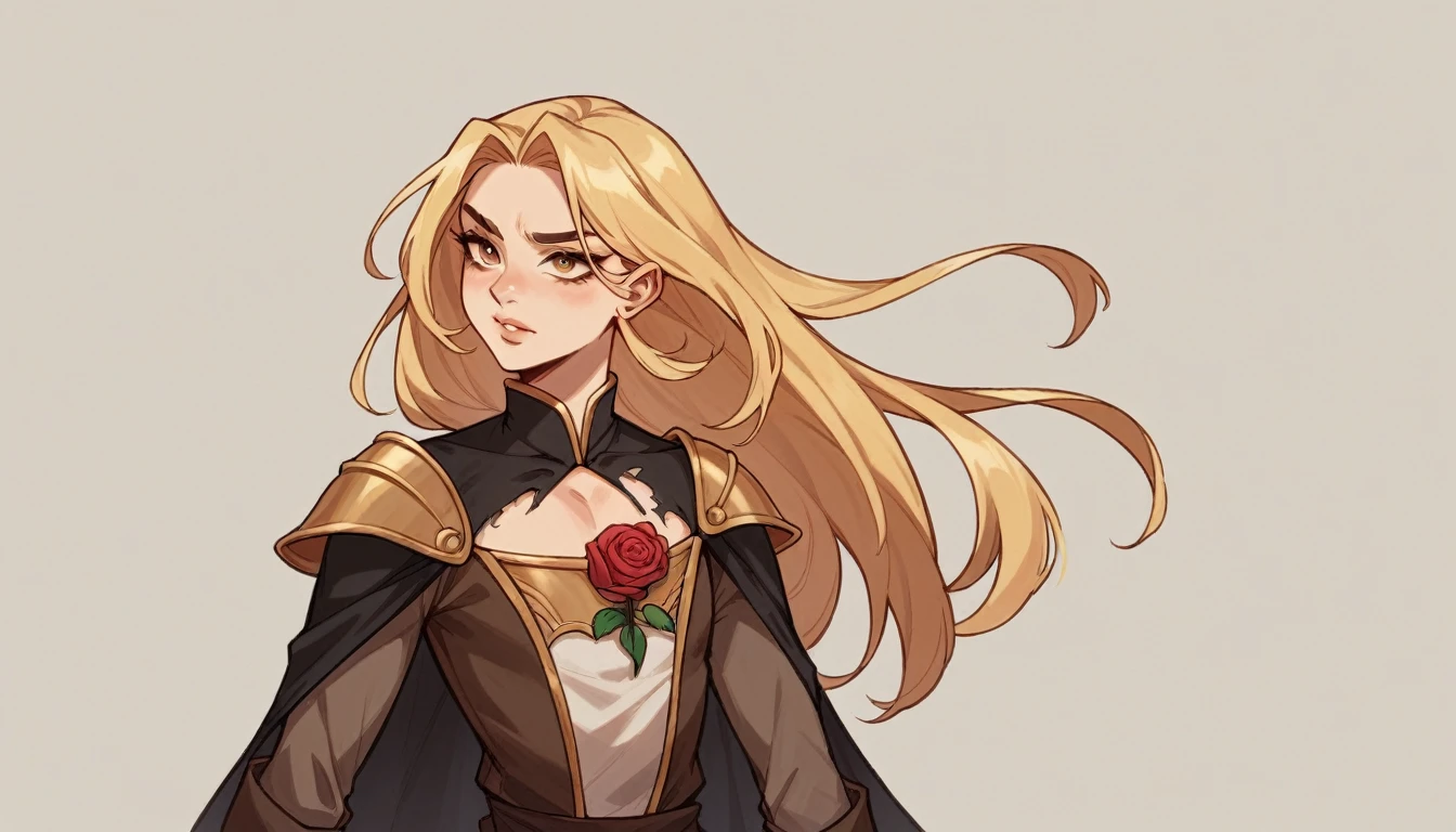 A 15-year-old female human with an ectomorph build, light-medium skin, and long, rose gold hair styled simply. Her triangular face is delicate and pretty, with almond-shaped eyes that are full of dreams. Thin lips and a small, straight nose give her a sweet and gentle appearance. Her medium, high-arched eyebrows add a touch of sophistication to her youthful beauty. Clothing of a medieval fantasy adventurer warrior traveler, ((torn clothes:1.2)), (((nsfw, vulgarity))), small and flat chest 