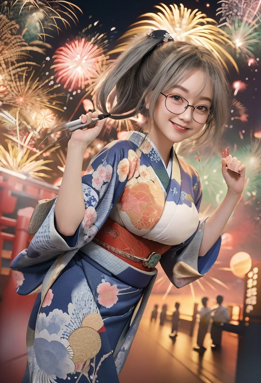 best quality, anime Seishun Buta Yarou series, character, Futaba Rio, glasses, gray half-up hair, colorful yukata, big fireworks