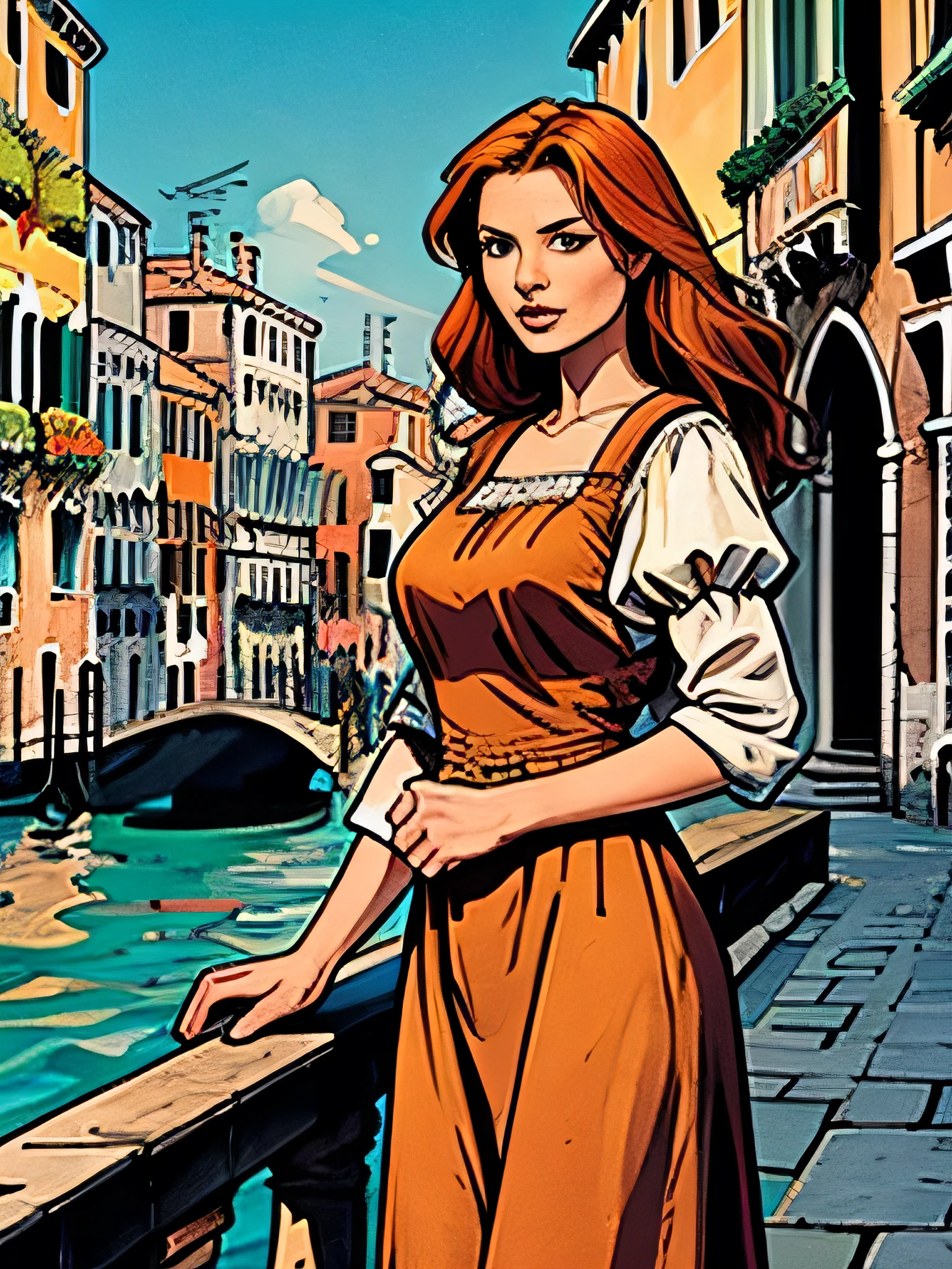 dutch redhead woman with traditional clothing and in the background a port with roman architecture and buildings of venice