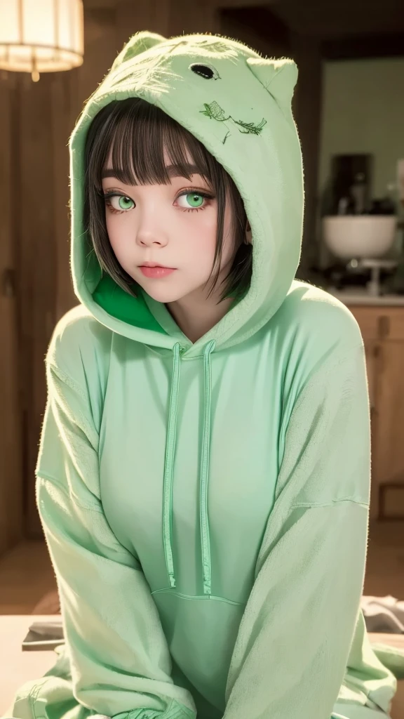 RAW PHOTO, ((high quality)),Tabletop,(Detailed depiction of the site:1.2), 1 girl, girl, one girl, soft smile, (sheer hoody),Enchanted Valley,Mouth closed,eyelash, look away, Portraiture, Upper Body, (green hair:1.2), Blue Theme, (short hair:1.4), (short bangs:1.3), model posing, (green eyes;:1.3)